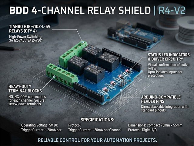 BDD 4 CHANNEL RELAY SHIELD - Power, Battery & Solar -