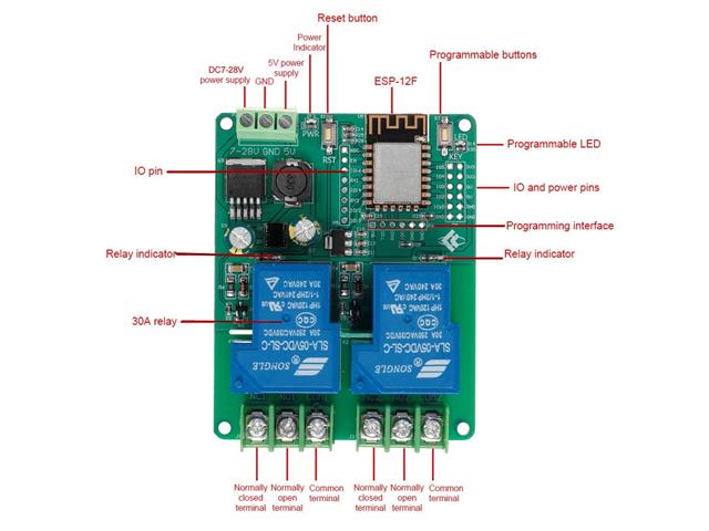 BDD ESP8266 RELAY 2CH 5/28V 30A