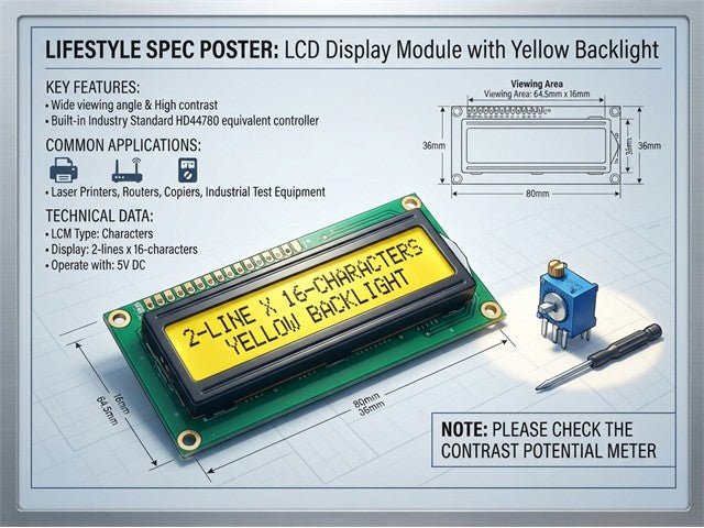 BDD LCD 16X2 - YELLOW BACKLIGHT - Displays - 53806343094572