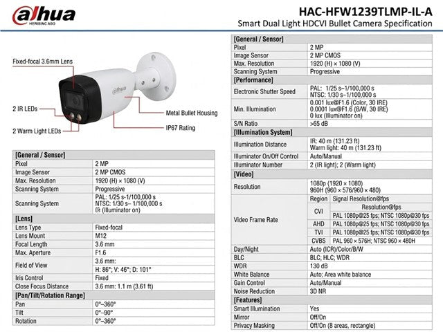 DHA HAC-HFW1239TLMP-IL-A 3.6MM - CCTV Products & Accessories - 6923172534095