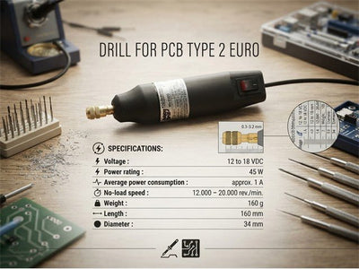 Drill for PCB type 2 Euro 12VDC - 18VDC 45W - Chuck with 4 Collets (Range 0,3 - 3,2mm) - Hand Tools - 4014991100508
