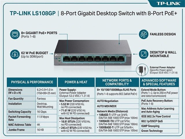 TP-LINK LS108GP - Network Hubs & Switches - 4895252505993